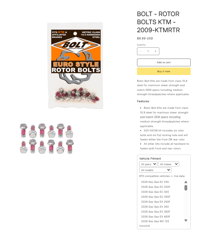 Live vehicle fitment displayed on a Shopify product page